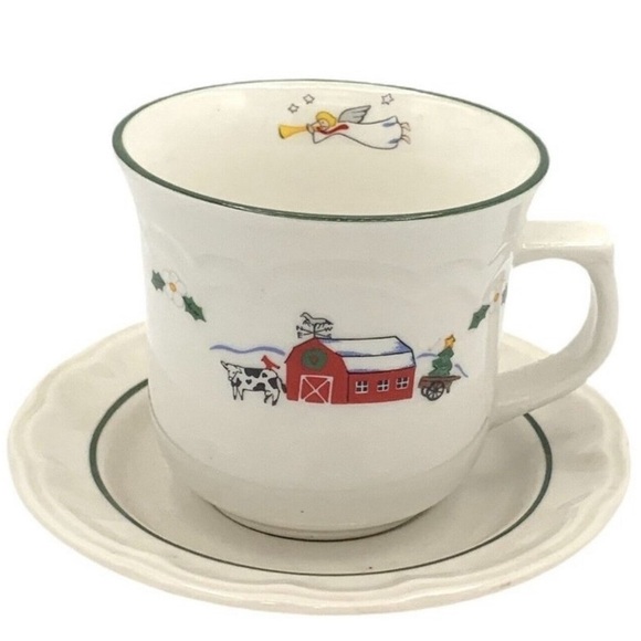 Pfaltzgraff Snow Village Flat Cup & Saucer Coffee Tea Angel Farmhouse Set of 2 - Picture 5 of 6